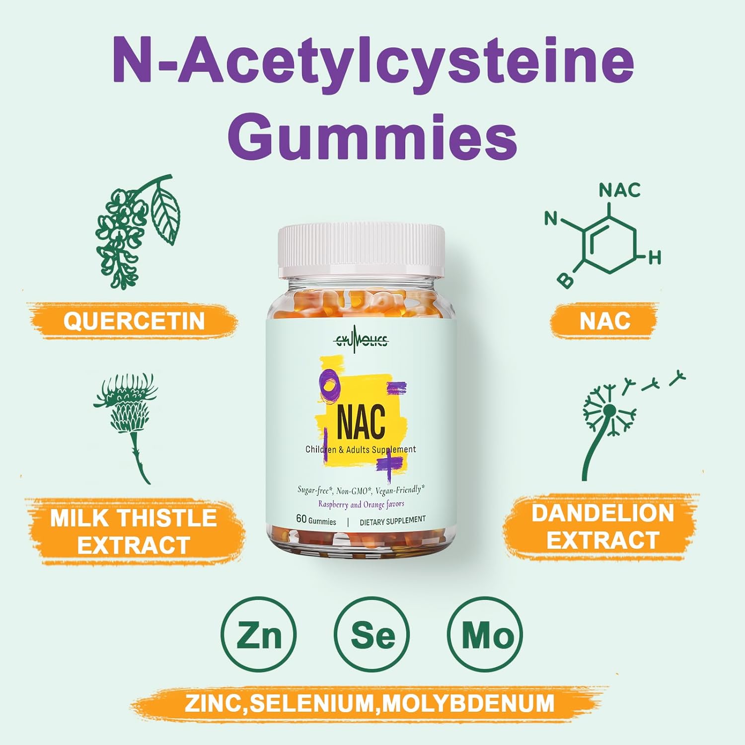 NAC Supplement 1000mg for Adults & 500mg for Kids, N-Acetyl Cysteine Supplement Gummies, Synergistic Antioxidant, Vegan, Sugar-Free 60 Gummies - Image 4