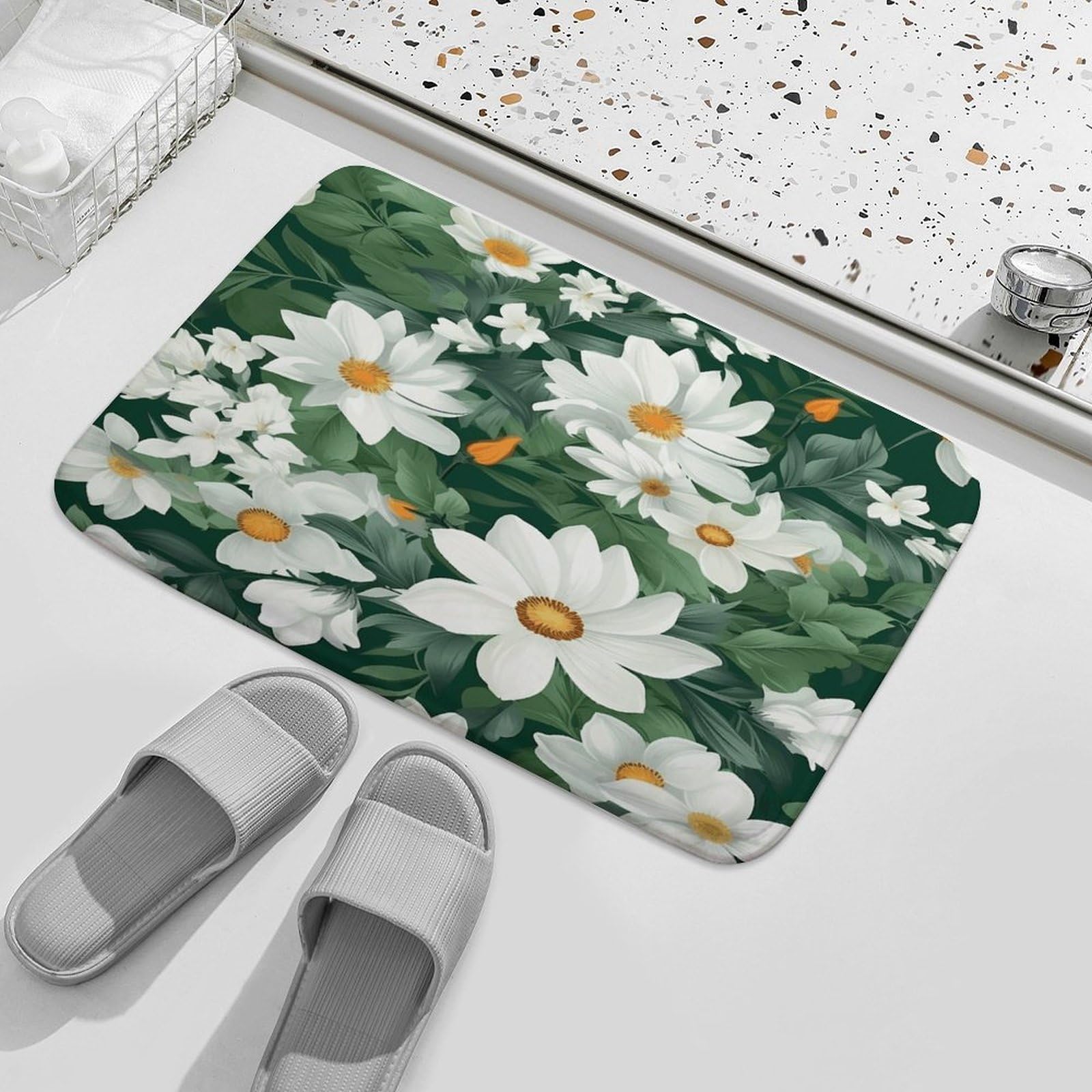Tapete de bienvenida para interiores y exteriores, antideslizante, hojas verdes y flores blancas, tapete para entrada, porche, lavandería, baño, dormitorio, alfombra de 40 cm x 60 cm