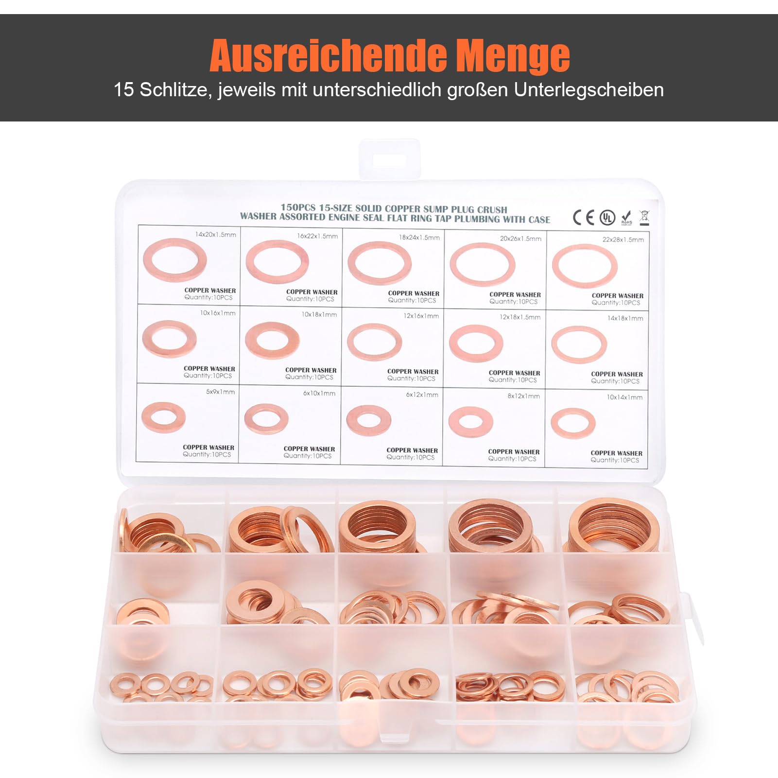 150 Stück Rote Kupfer Unterlegscheiben - O-Ring Dichtungen Set | Für Öl, Wasser, Kraftstoff