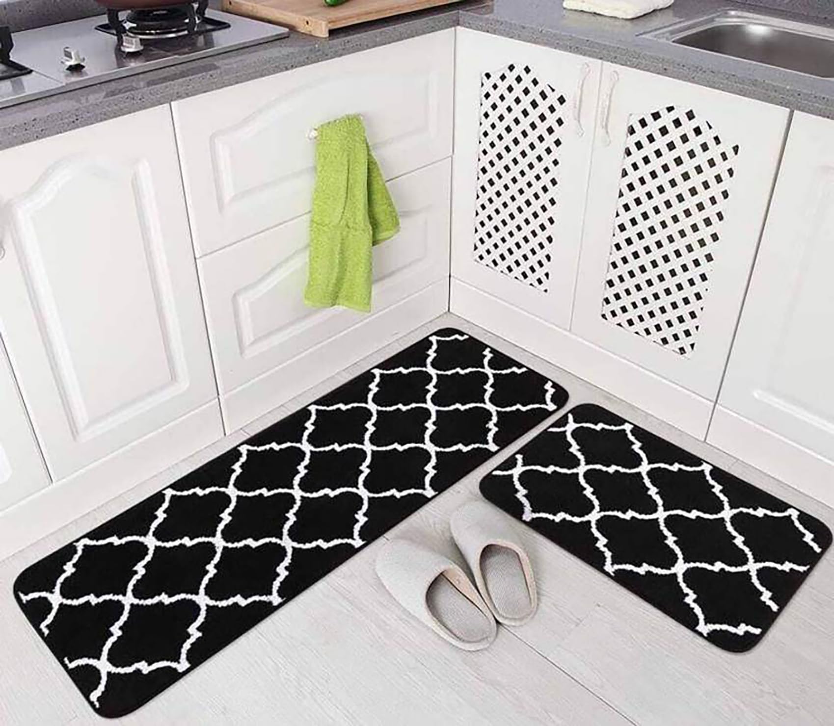 Microfiber Kitchen Mats, Anti-Slip Waterproof, Rectangular, 121.92 x 40 cm, 4mm Thickness, Set of 2 (2, Black,White)-image-32
