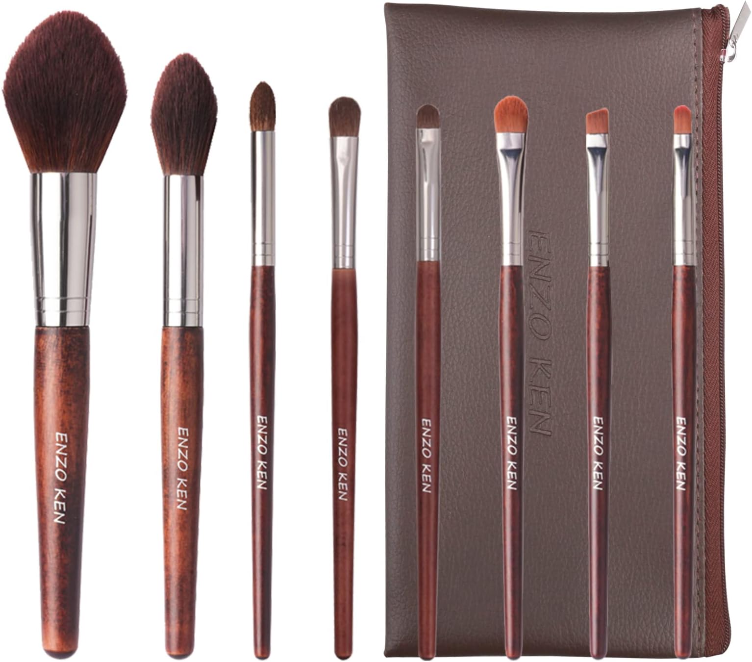 ENZO KEN Natural Hair Makeup Brushes Set Professional, Pony Hair Makeup Brush Set with Case, Cosmetic Brush Natural Bristle, Walnut Make up Brush Set Professional.