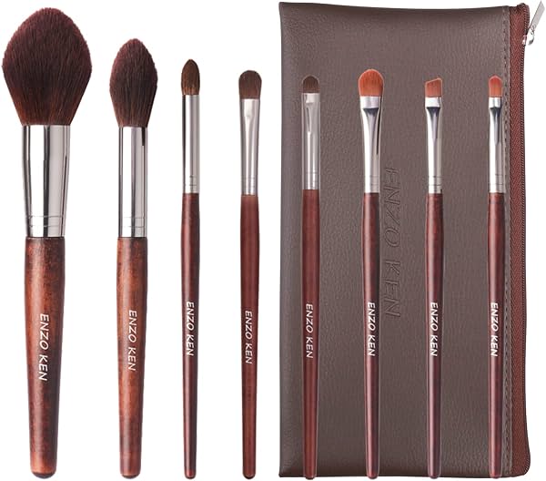 ENZO KEN Set de Brochas Profesionales de Pelo de Poni Natural, con Estuche, Cerdas Naturales, Mango de Nogal, Pelo de Poni