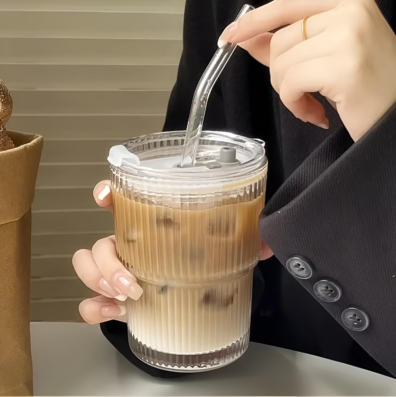 Glass Coffee Mug with Straw Green Tea Sipper Tumbler Mug with Lid Travel Mug Drinking Glass Sipper Mason Jar Can Sipper Milk Mug Sipper Glass Juice Cup Pack of 1 (Slub)