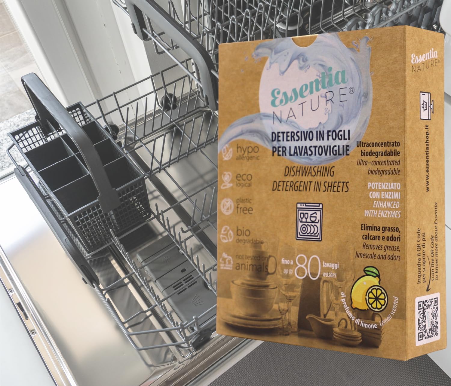 ESSENTIA Detersivo Ecologico in Fogli per Lavastoviglie | 3 Confezioni da 80 Lavaggi | Ultraconcentrato e Biodegradabile con Enzimi Naturali | Profumo Limone | Elimina Calcare e Odori | Plastic Free