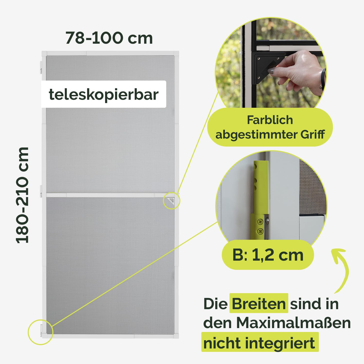 Nematek Insektenschutz Tür Teleskoprahmen - schmale Fliegengitter Tür mit Rahmen für Balkon & Terrasse - 100 x 210 cm teleskopierbare Fliegengitter Tür in weiß - Montage erfolgt ohne Zusägen