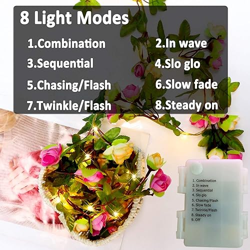 Miniatura 2 de Guirnalda de luces con 8 modos de luz, 6 pies, 20 luces LED de rosas para decoración de interiores y exteriores, luz de hadas para mujeres, boda,