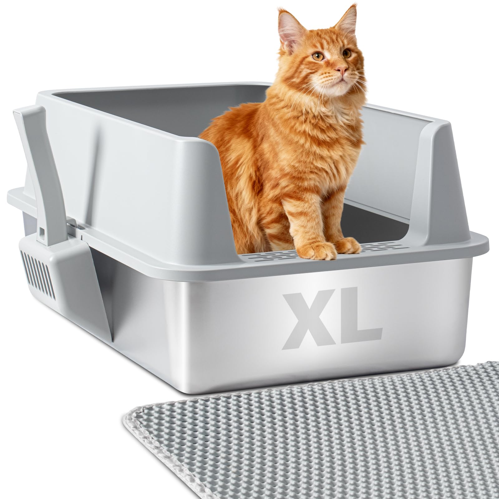 Nyutu Stainless Steel Litter Box, Large Metal Litter Box with Lid, Steel Litter Boxes for Adult/Big Cat, Anti-Urine Leakage,Easy Cleaning, No Smell, Non-Stick, Includes Scooper and Mat