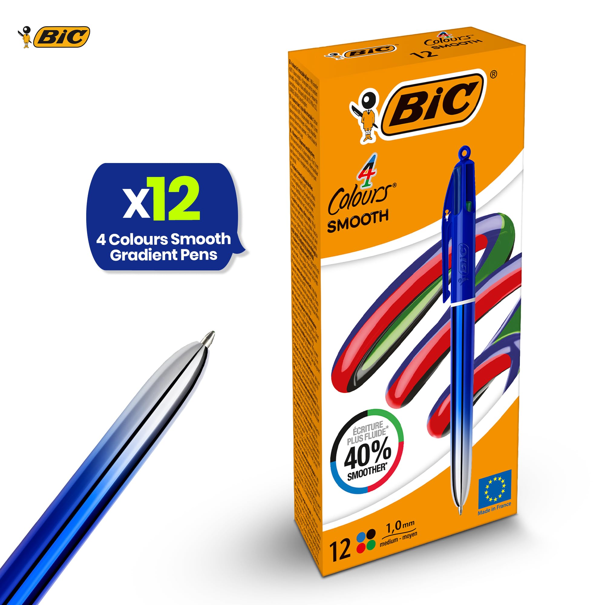 BIC Lot de 12 stylos à 4 couleurs lisses dégradées rétractables avec quatre encres vives assorties pour l'école, le bureau et le codage couleur