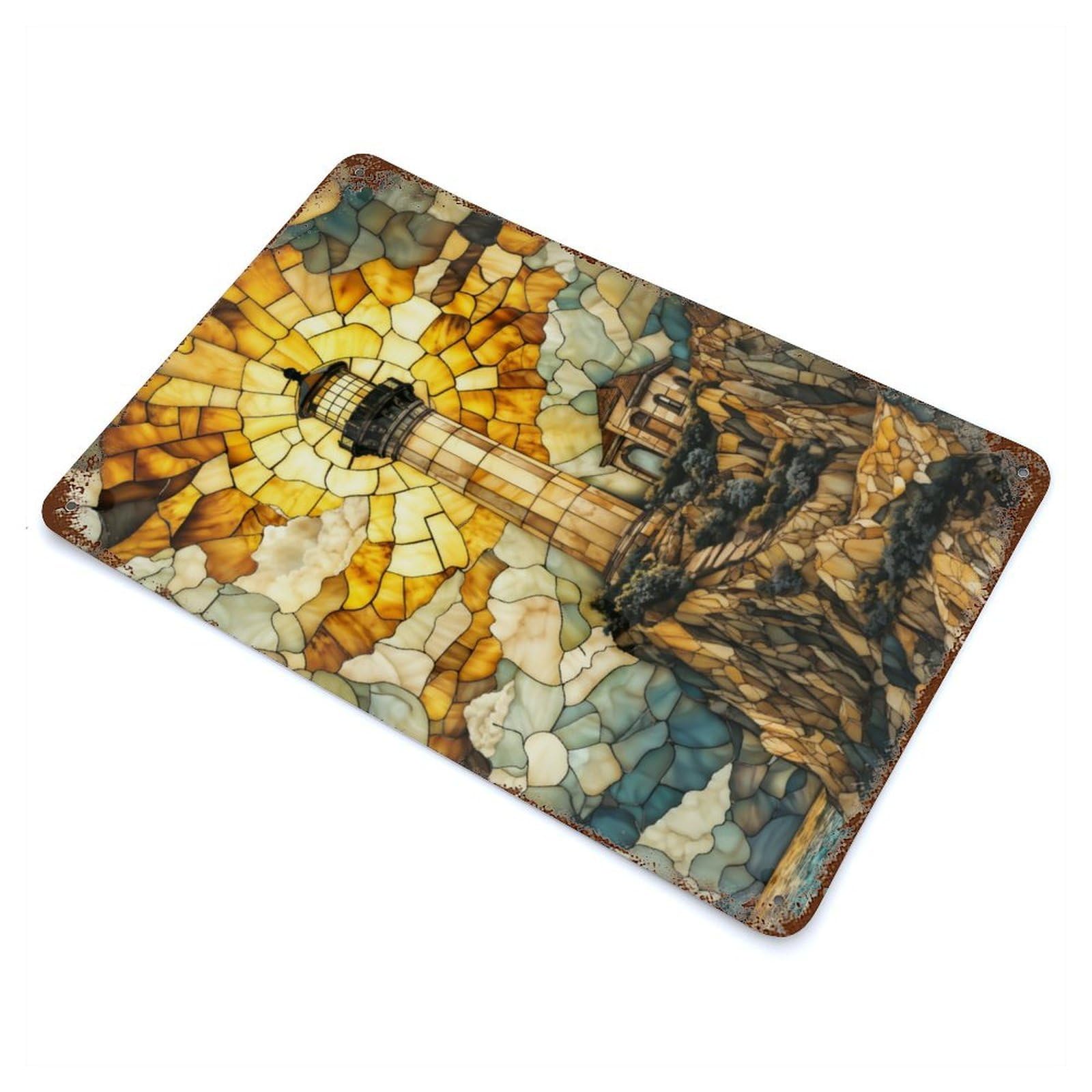 Garage Style Stained Glass Lighthouse Rustic Tin Plaque 11.8"x7.9", Classic Wall Plaque for Bar And Workshop