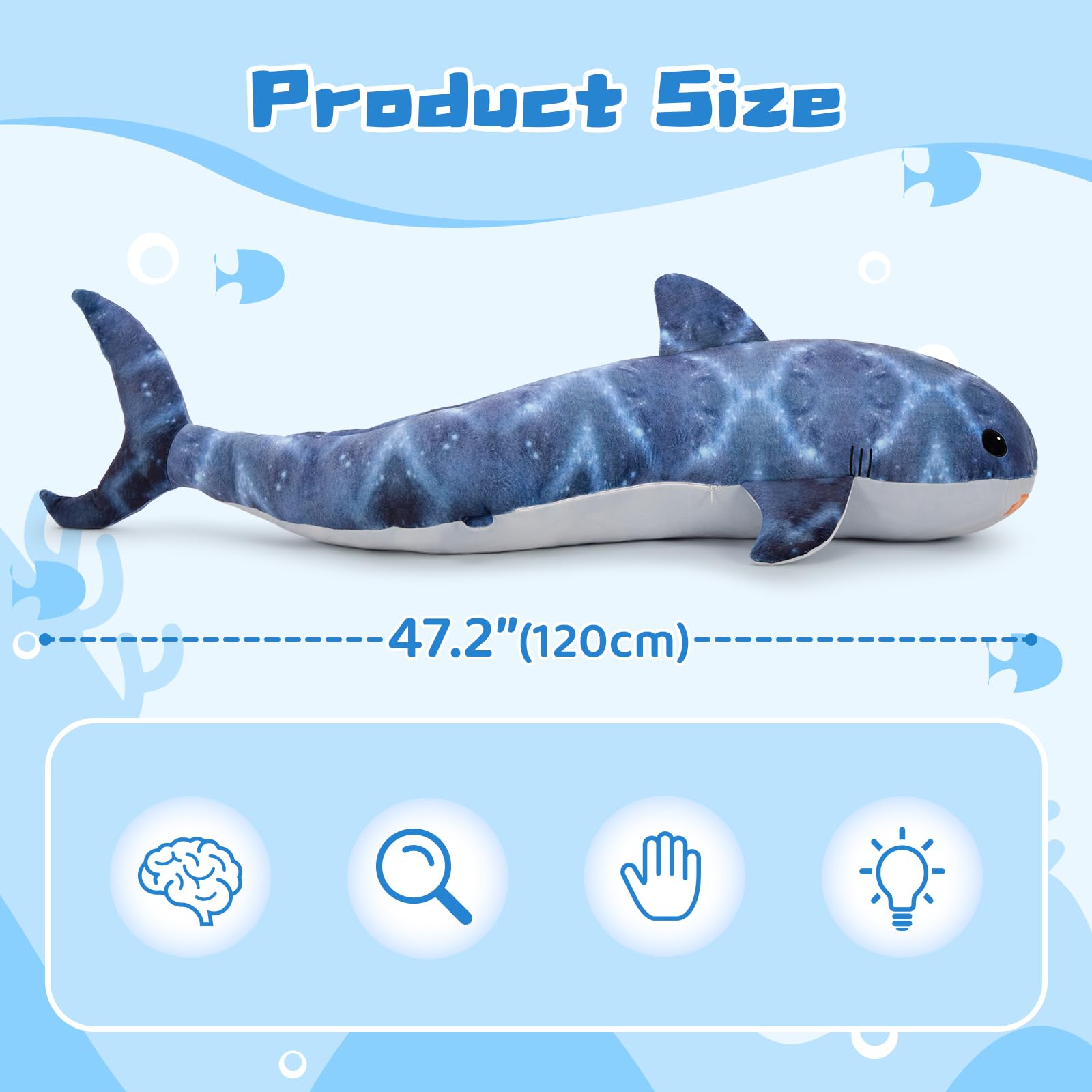 KERTA 4ft Giant Whale Shark Stuffed Animal, S-Shape Stuffed Shark Plush Toy for Boys Girls, Hugging 47inches Soft Long Ocean Whale Shark Plush Body Pillow for Sleeping 5