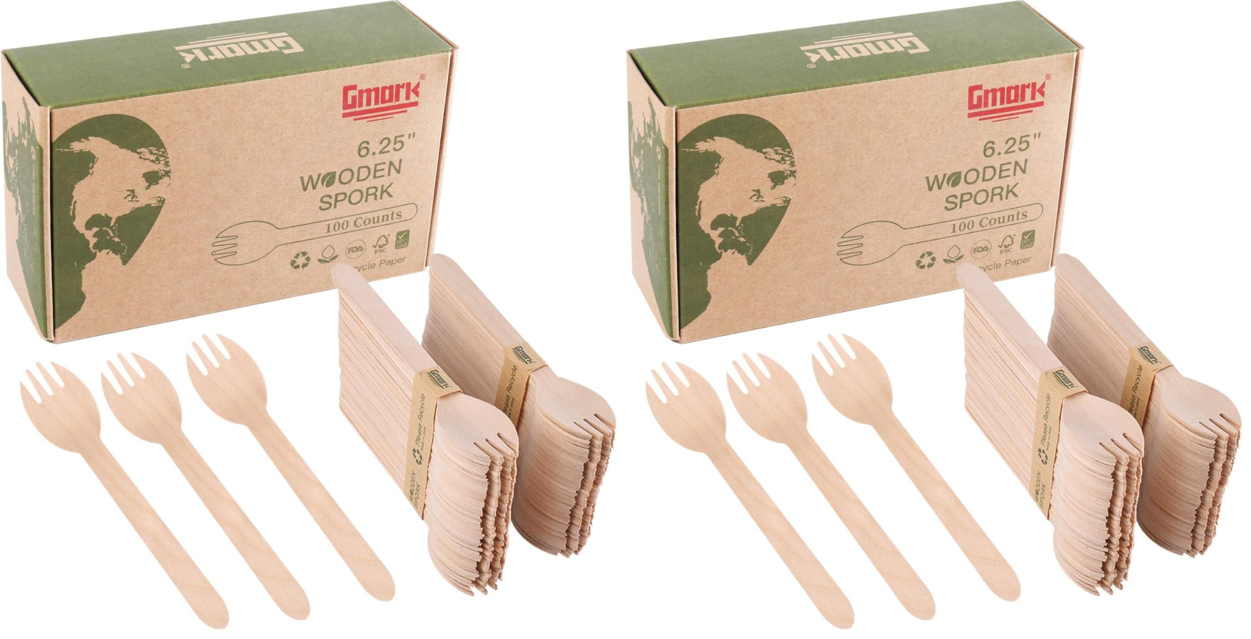 Gmark Eco-friendly Wooden Sporks 100 ct, Disposable Spoon Fork 2-in-1 Cutlery, 6.25" Birchwood Green Natural Product GM1033A (Pack of 2)