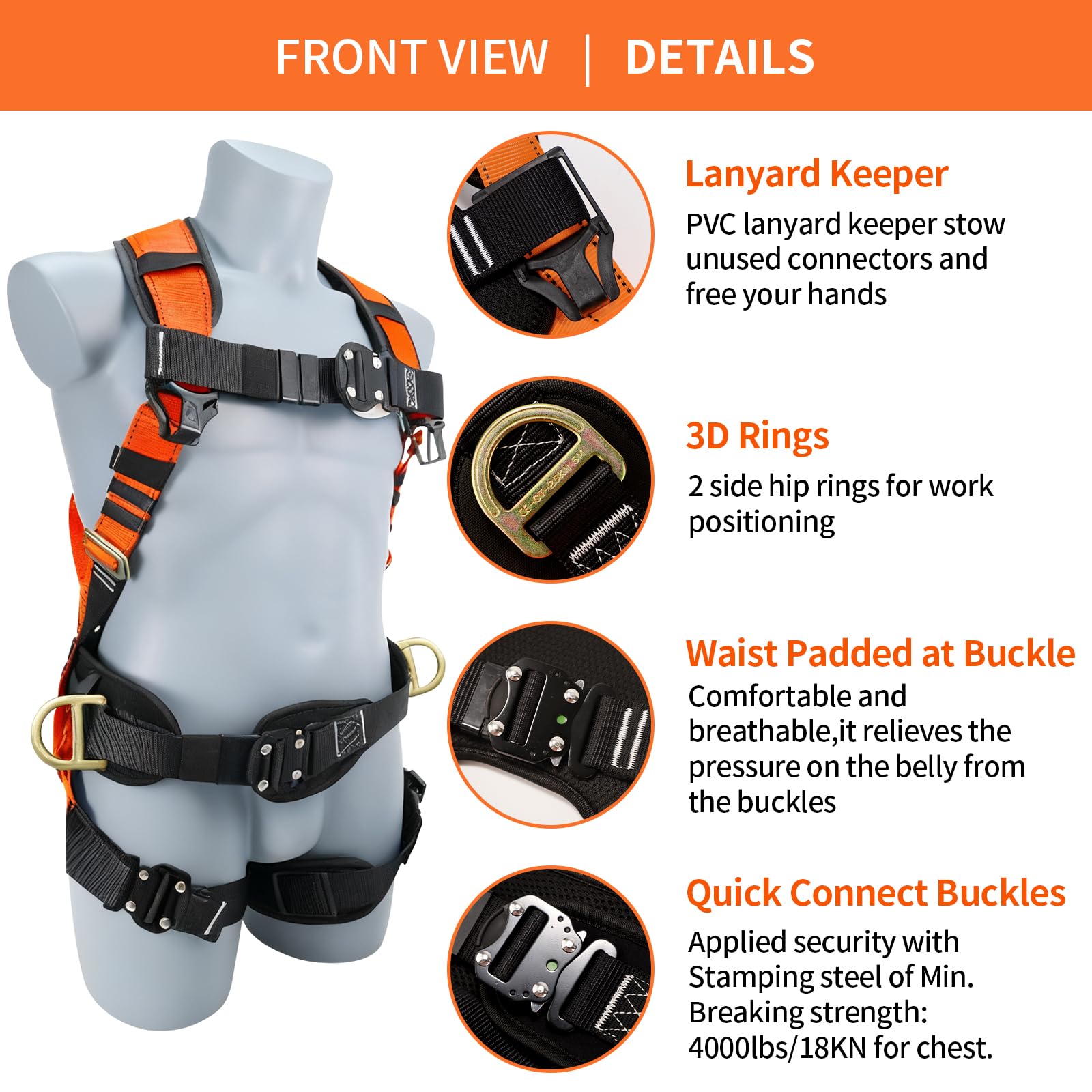 Sicherheitsgeschirr Fallschutz, Harness For Men Construction, Verdickte Lendenwirbelstütze, Fallschutz Auffanggurt(Orange) für Bergsteigen, Outdoor Baumklettern, Luftarbeiten