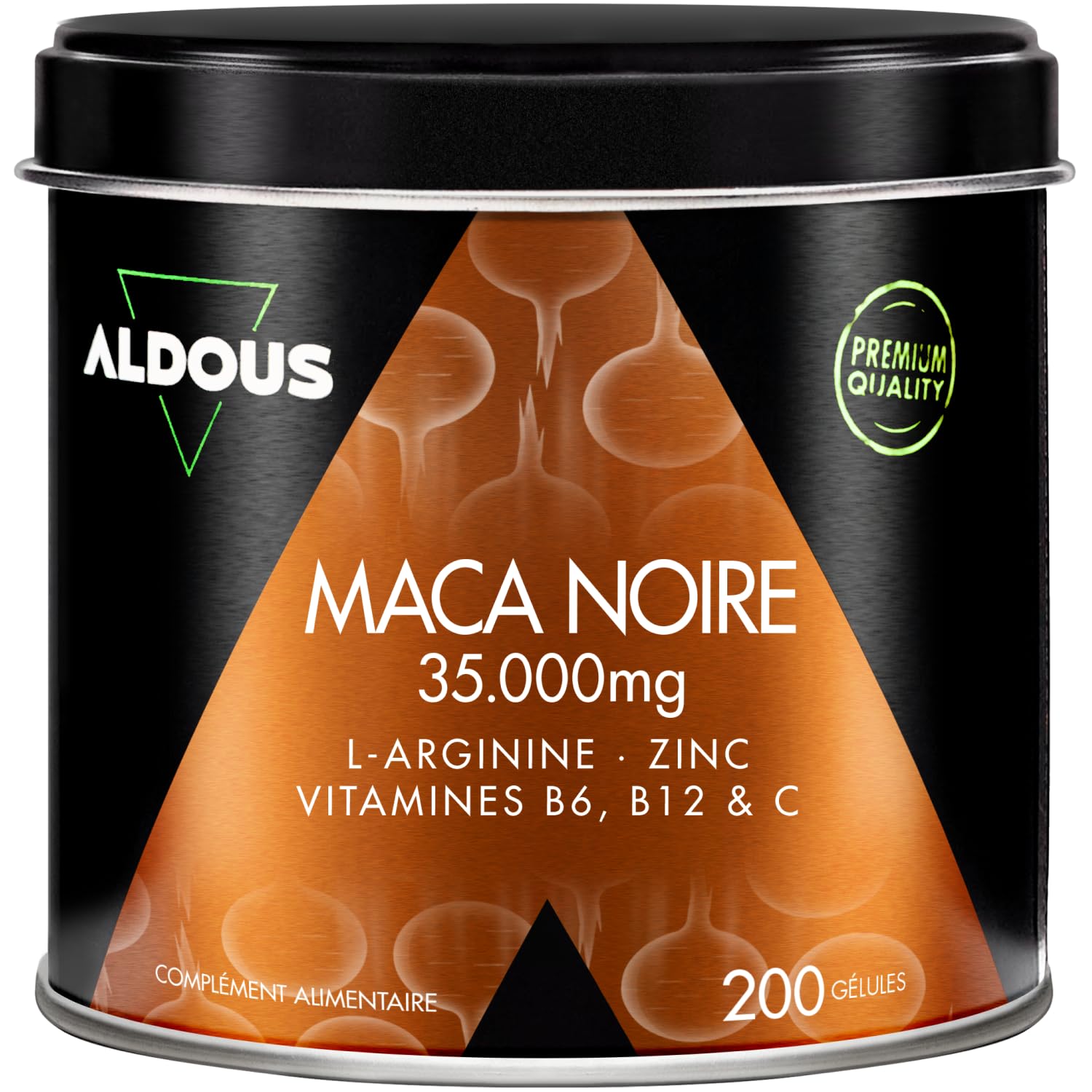 Maca Noire 35.000 mg - 200 gélules - Extra Forte - Extrait 20:1 - Avec Arginine, Zinc, Vitamine C, B12 et B6 - Maca du Pérou hautement concentrée - Régulateur hormonal, Énergie, Vitalité - ALDOUS