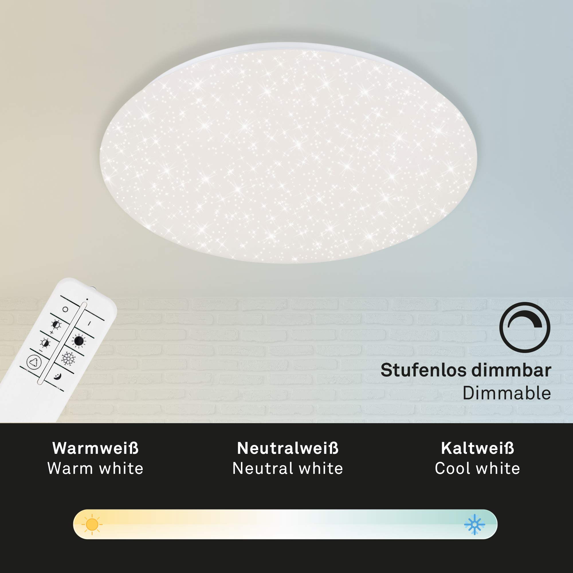 Briloner Leuchten 3328-016 Plafoniera a LED da Soffitto – Dimmerabile, Design con Stelle, Regolazione della Temperatura di Colore con Telecomando, 48 Watt, 4000 Lm, da 3000 a 6000 K – Bianco
