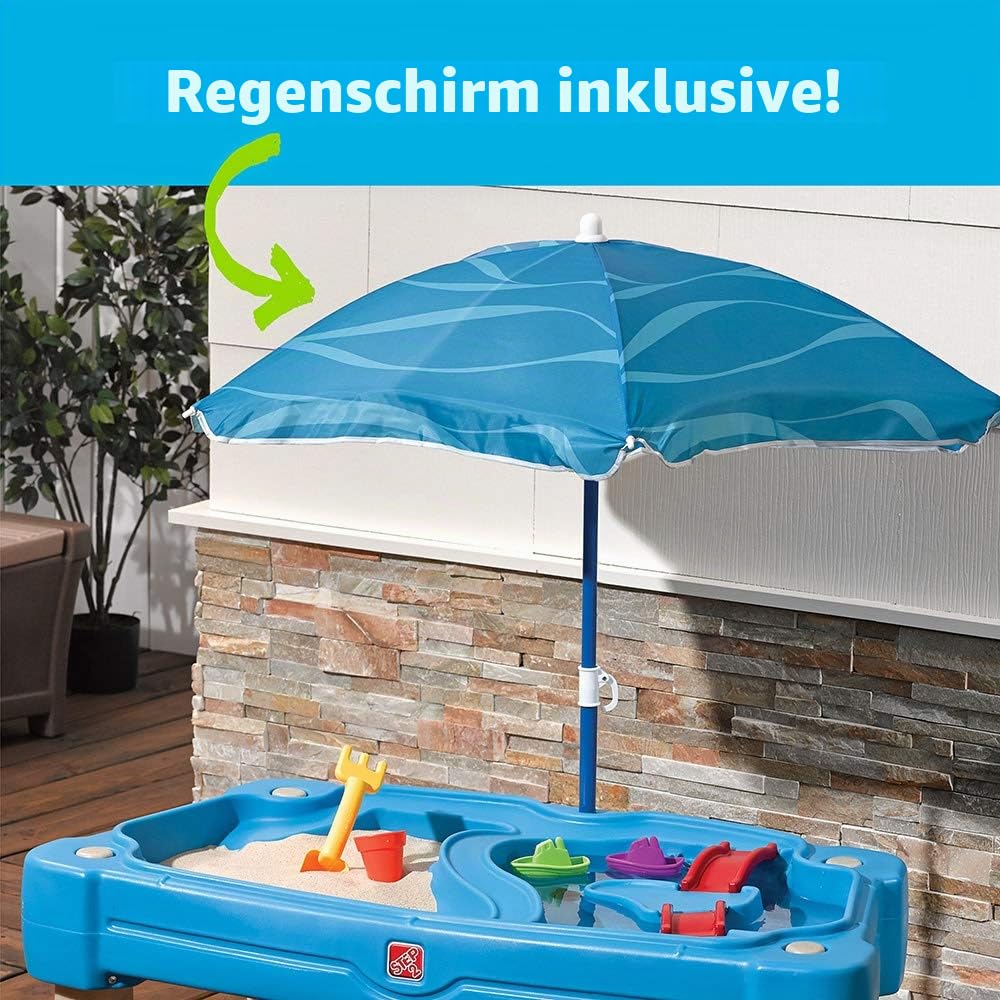 Step2 Cascading Cove Sand & Wassertisch mit Sonnenschirm | Wasserspieltisch für Kinder in Grün | Wasserspielzeug / Sandtisch für den Garten