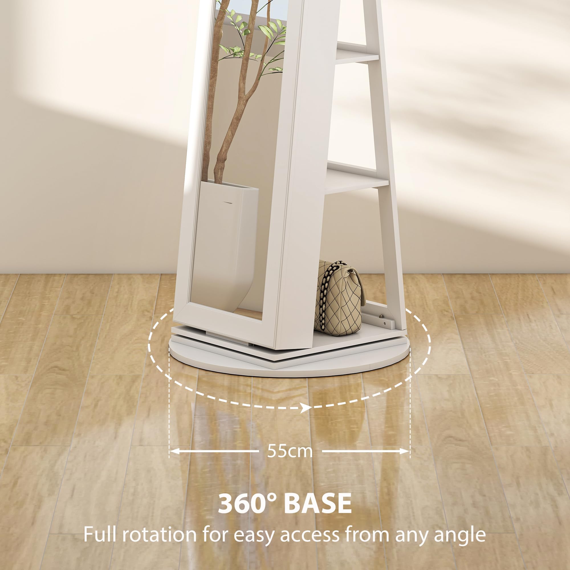 HOMCOM Espejo giratorio 360° para joyería, armario con cerradura y llave, espejo de cuerpo entero con 3 estantes detrás y 2 cajones, 55x55x161 cm, blanco | Armario joyero, cierre con llave, espejo de figura completa, 3 estantes en la parte posterior, 2 ca