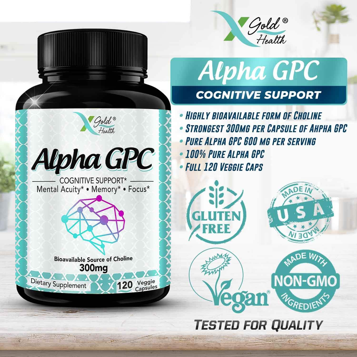 Alpha GPC Choline Supplement 600mg, 99%+ Highly Purified, Highly Bioavailable Source of Choline,120 Veggie Capsules, Cognitive Enhancer Nootropic, Supports Memory & Brain Function, Boosts Focus & Mood : Health & Household