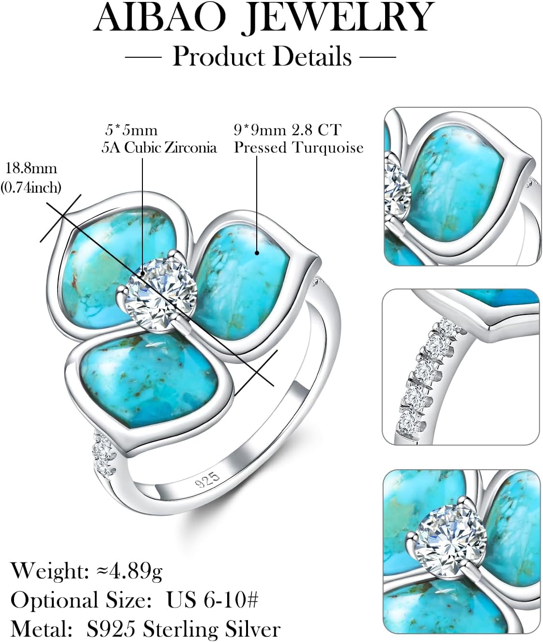 AIBAO Turquoise/Lapis Lazuli/Malachite/Pearl Rings for Women Sterling Silver Six-leaf Clover and Flower Gemstone Engagement Ring Size 6 to 10 Anniversary Valentines Christmas Gift