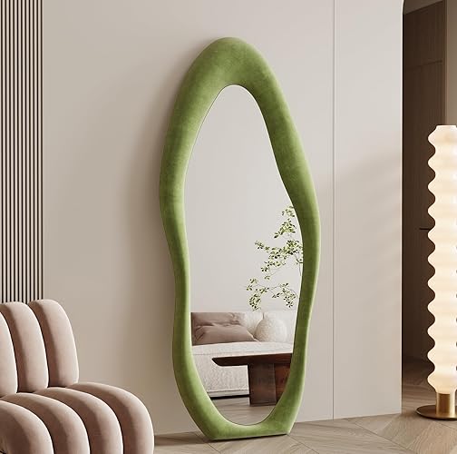Full Length Mirror 63"x24", Irregular Wavy Mirror, Arched Floor Mirror, Wall Mirror Standing Hanging or Leaning Against Wall for Bedroom, Flannel Wrapped Wooden Frame Mirror-Green - Green