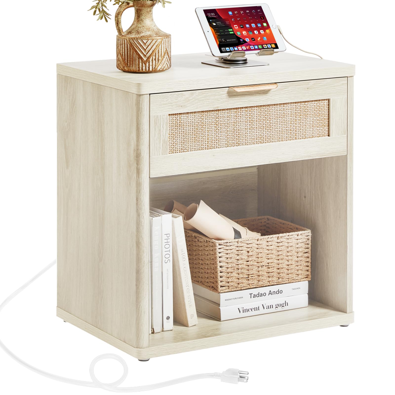 LEYAOYAO Rattan 23" Nightstands with Charger for Bedroom