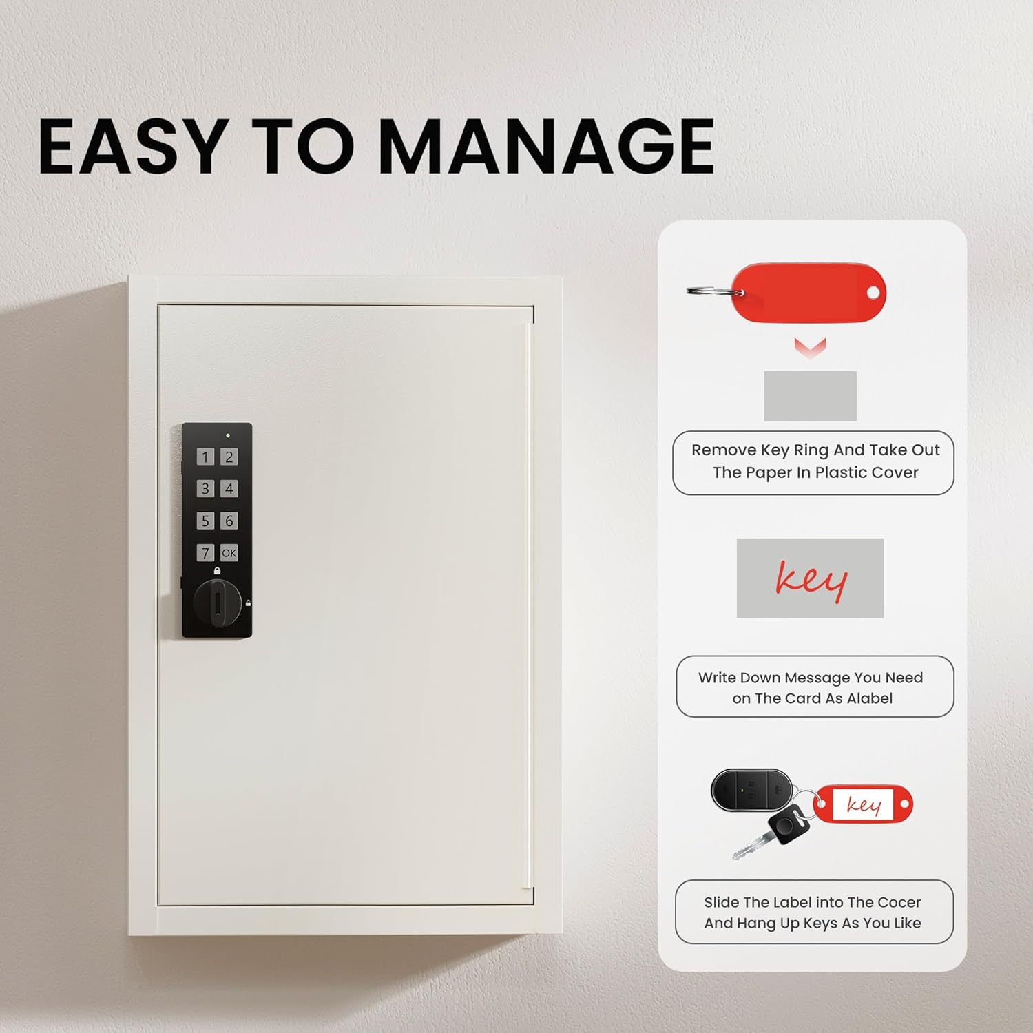 Instructions on how to label and organize keys using the provided key tags for the Grimtron key box.