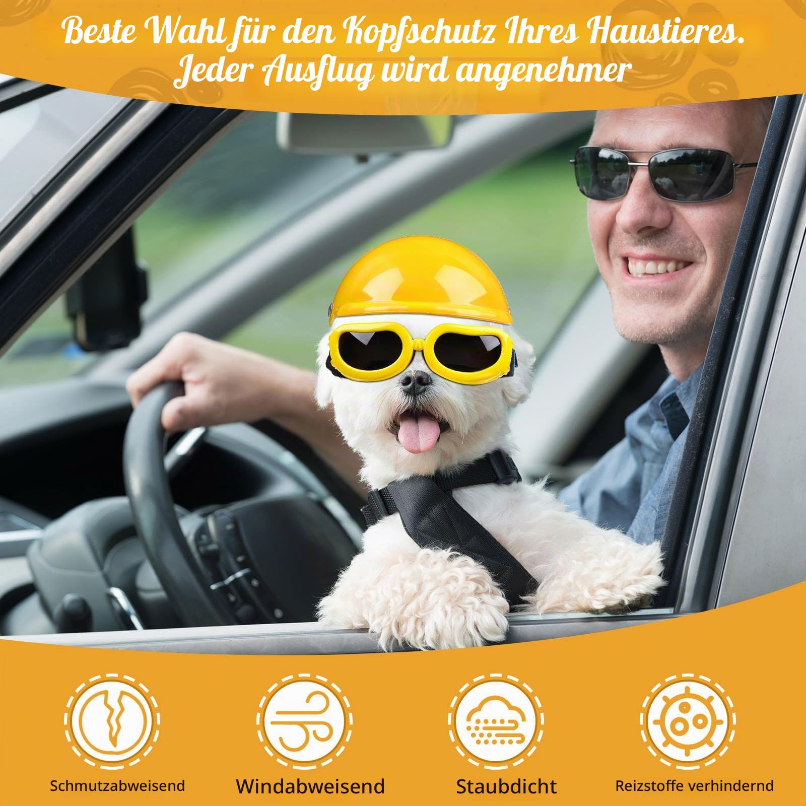 Haustier-Hundehelm und Hundebrillen-Set, gepolstert, 10.2 cm, Motorradhelm, Hunde-Sonnenbrille, Sicherheitskappe, entzückende Welpenbrille mit verstellbarem Gürtel für kleine Hunde, Größe S (Gelb)