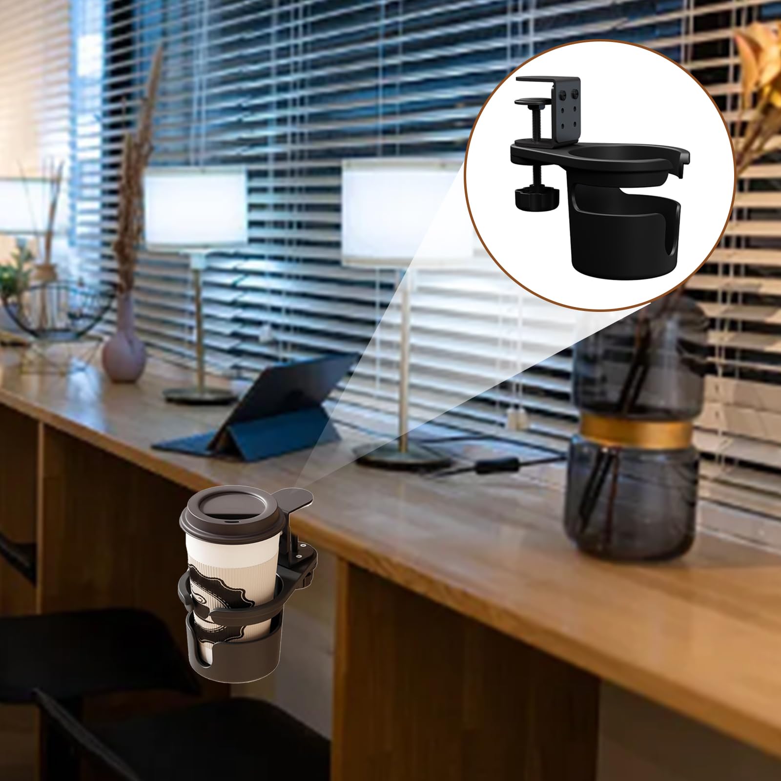 Verstellbare Getränkehalter für den Schreibtisch, für Kaffee und Wasser, zum Anklipsen, für den Tisch, Getränkehalter mit 360-Grad-Drehung, für den täglichen Gebrauch
