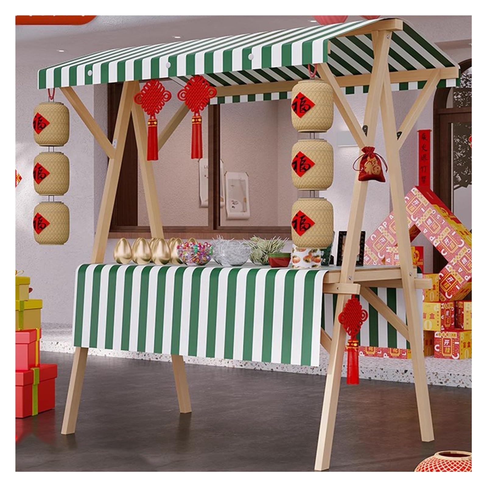 ZHANGGL Foldable Food Cart - Commercial Wooden Market Stall with Canopy & Tablecloth for Ice Cream, Hot Dogs, Coffee, Candy, Cakes - Perfect for Farmers Markets, Beaches, Street