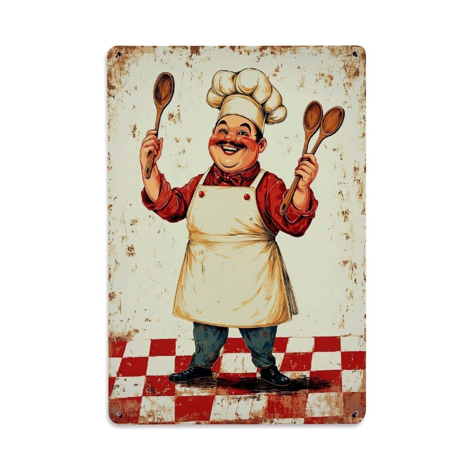 Chef Holding Spoons Retro Metal Tin Sign, Vintage Decor Art Poster for Bar, Home, Man Cave, Kitchen, Laundry Room Gift 8x12Inch