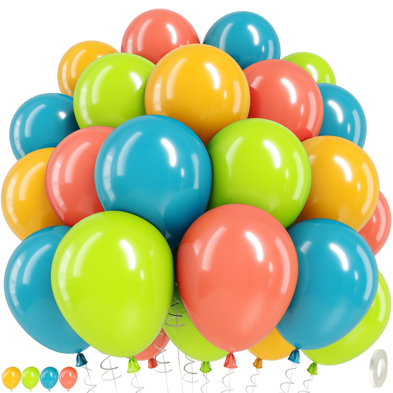 Blue Green Orange Balloons, 60 Pcs 12 Inch Teal Blue Retro Orange Fruit Green Mustard Yellow Peacock Dino Latex Balloons for Cartoon Dinosaur Theme Boy Birthday Baby Shower Party Decoration Supplies