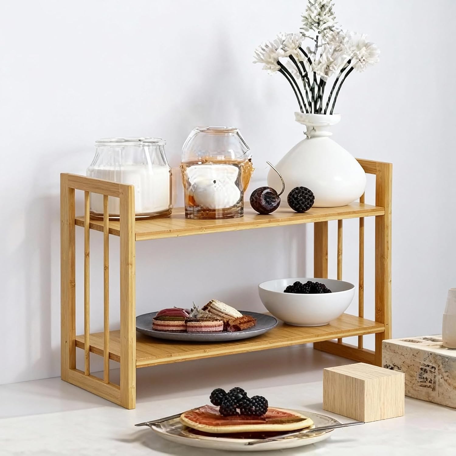Desktop Shelf Organizer, 2 Tier Bamboo Desk Bookshelf, Desk Top Storage Rack for Office, Dorm, or Bedroom Decor, Small Tabletop Shelf for Books, Plants & Accessories