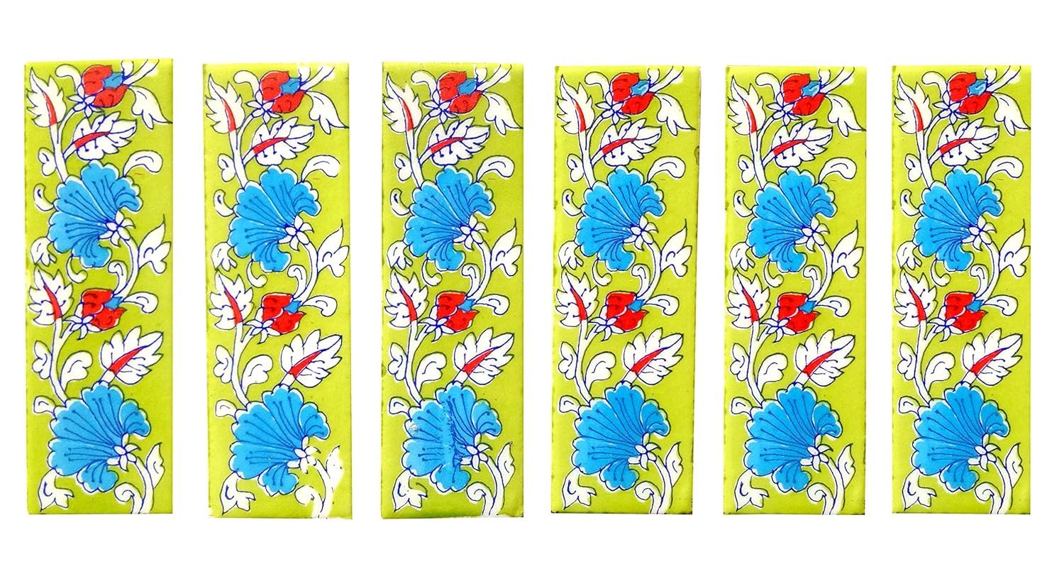 Kripa Blue Pottery Home Decor Wall Mural Mosaic Tiles Ceramic Handmade Wall Decorative Tiles 2 x 6 Inch Set of 6 Tiles (Multi Color)