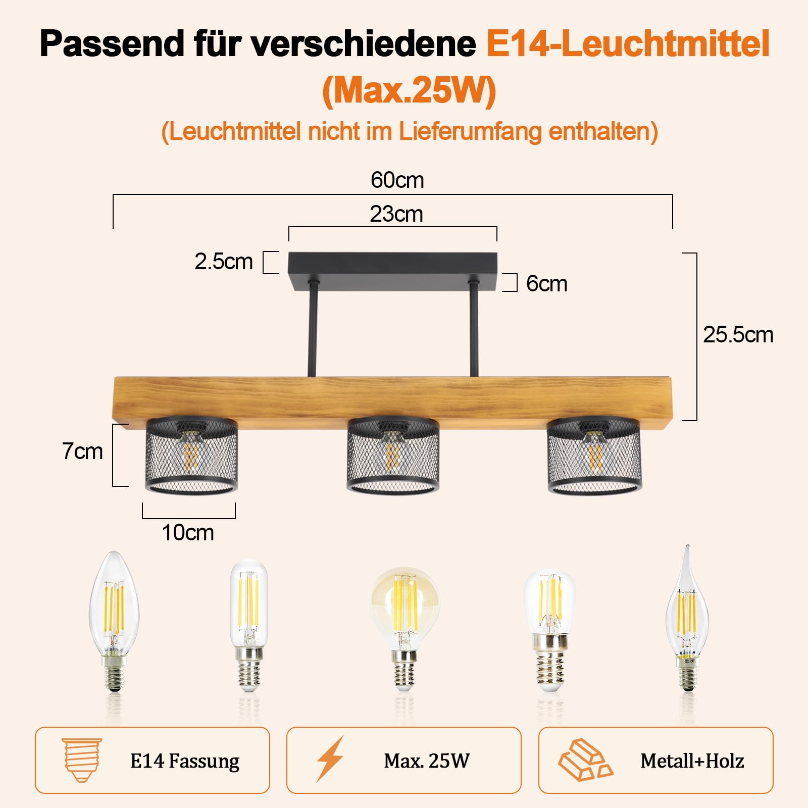 ZMH Deckenlampe Vintage Holz E14 Deckenlampe: Wohnzimmerlampe 3 flammig aus Metall-Gitterschirm im Industrial Design Küchenlampe Decke für Esstisch Wohnzimmer Küche Schlafzimmer (Ohne Leuchtmittel)