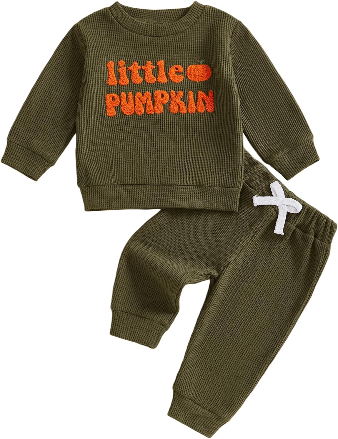 Toddler Baby Boy Halloween Outfit Little Pumpkin Embroidery Long Sleeve Waffle Knit Sweatshirt Pants Set 2Pcs Clothes