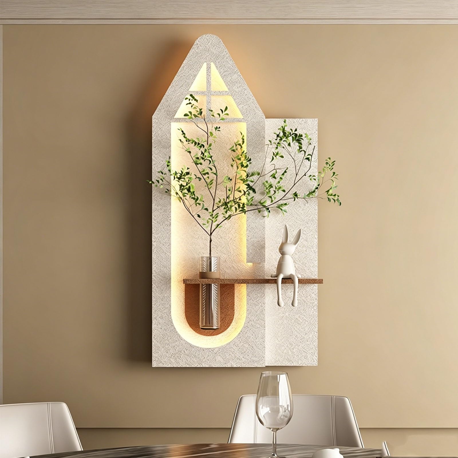 KEIFCUACLA Handcrafted Sandstone Wall Decor: Modern 3D Art Piece (Featuring LED Lighting and Faux Greenery),Suitable for Vertical Display in Living Rooms and Offices(Beige,70 * 140cm/27.6 * 55.1in)