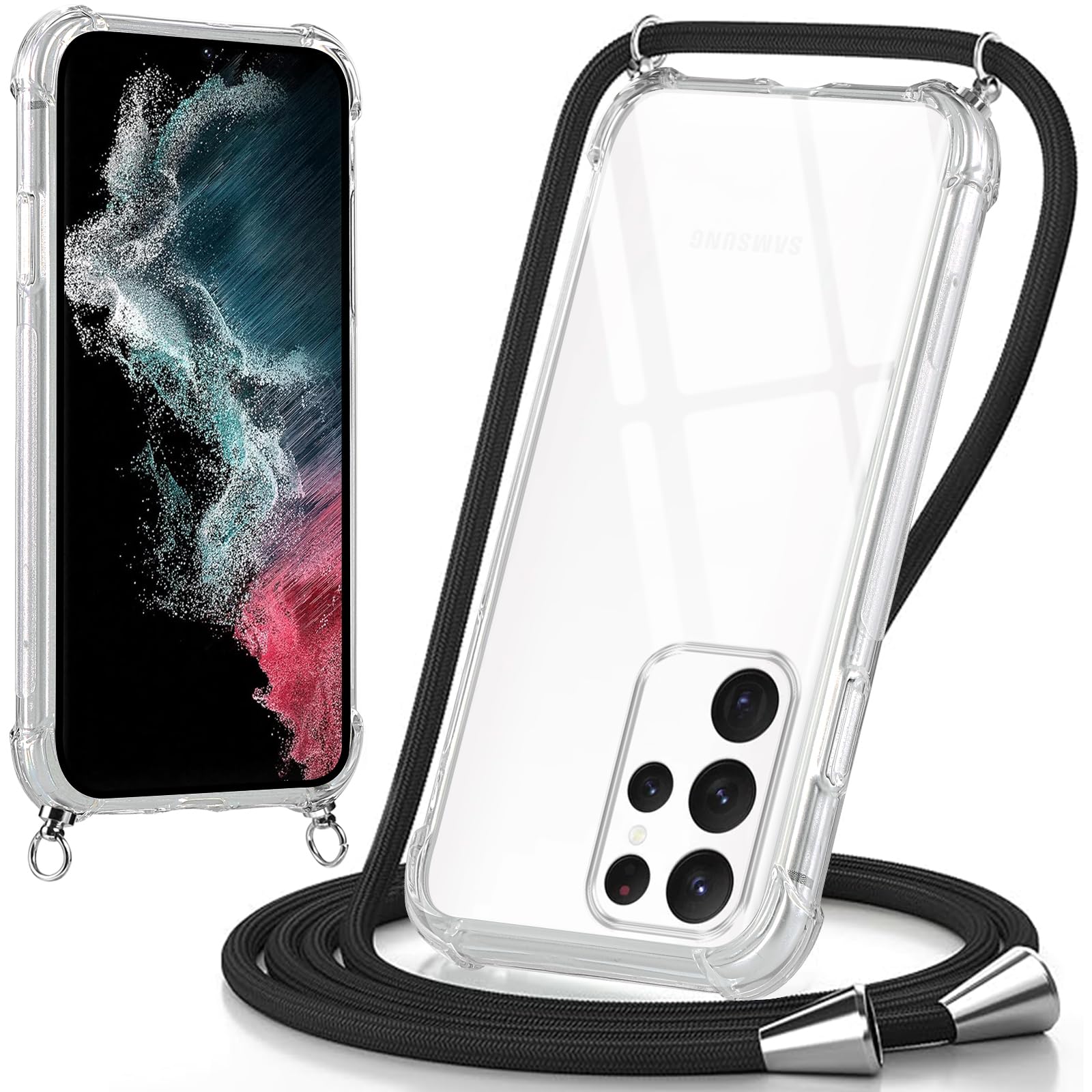 Cover with Lanyard for Samsung Galaxy S22 Ultra 5G, Transparent Silicone Case with Adjustable Necklace Strap Strap, Scratch Resistant Protect Case Rope for Samsung S22 Ultra 5G, Black