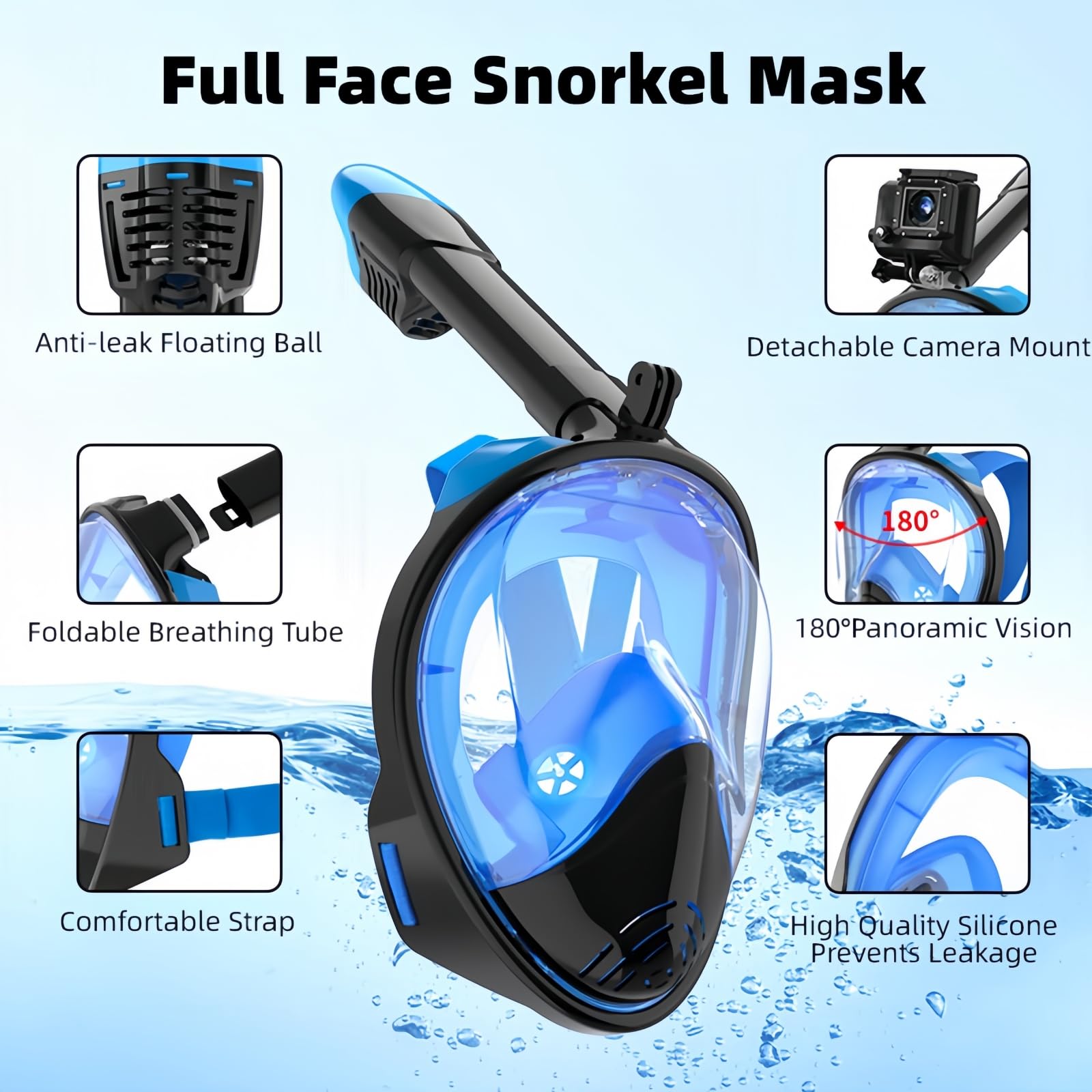 Máscara de snorkel para adultos y niños, máscara de buceo, plegable, protección de CO2, máscara completa con posición de cámara, máscara de buceo
