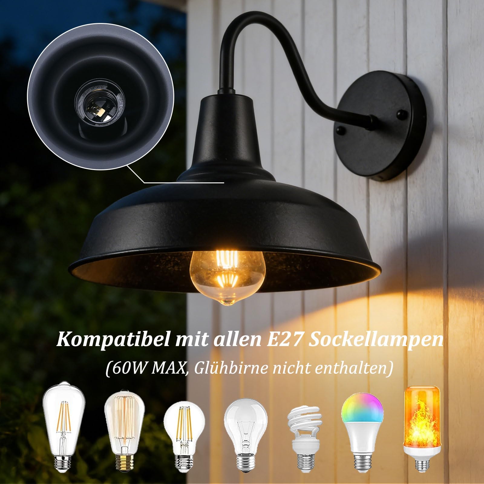 2 Piezas Luces de pared retro al aire libre, lámpara de cuello de cisne negra para granero, lámparas impermeables E27 para montaje en pared exterior para porches, garajes y patios