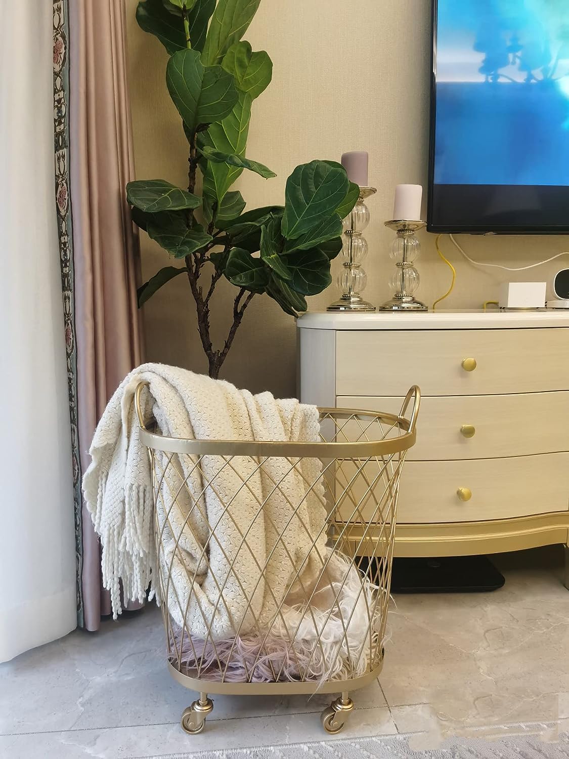 Gold laundry basket with wheels gold laundry hamper rolling laundry basket laundry basket gold wire basket metal laundry basket on wheels,Baking varnish,360 degree steering,Exquisite (Gold)