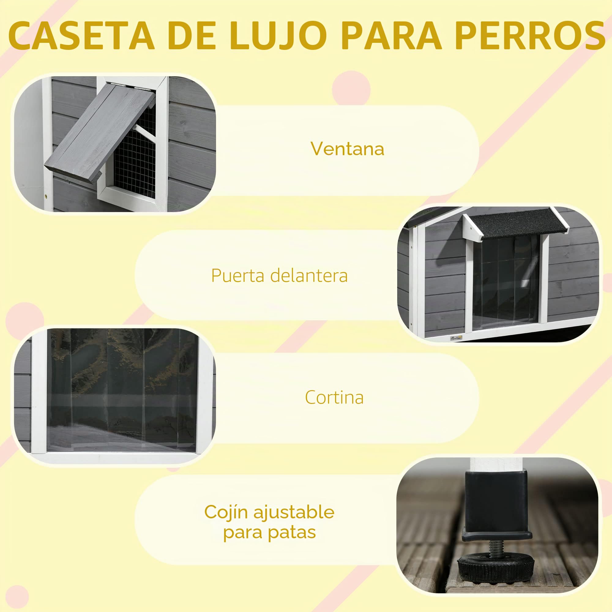 PawHut Caseta de Madera para Perros Pequeños y Medianos - Techo de Asfalto Practicable y Suelo Desmontable - Exterior, Gris, 109 x 79 x 72 cm