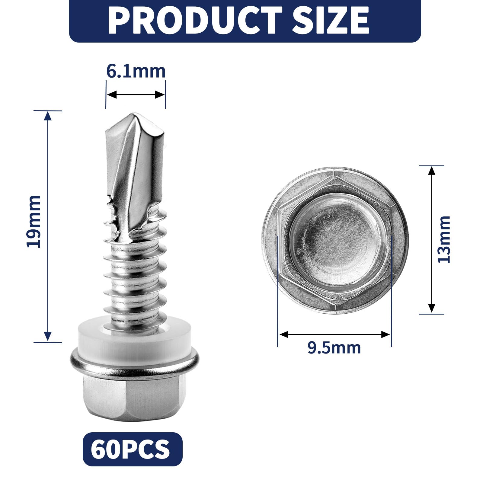 60 PCS Self Tapping Screws Metal M6.3X19MM Hex Head Self Drilling Screws 410 Stainless Steel Tech Screws for Metal Self Tapping Bolts for Metal Sheets Ventilation Pipes Corrugated Roofing Windows - Image 2