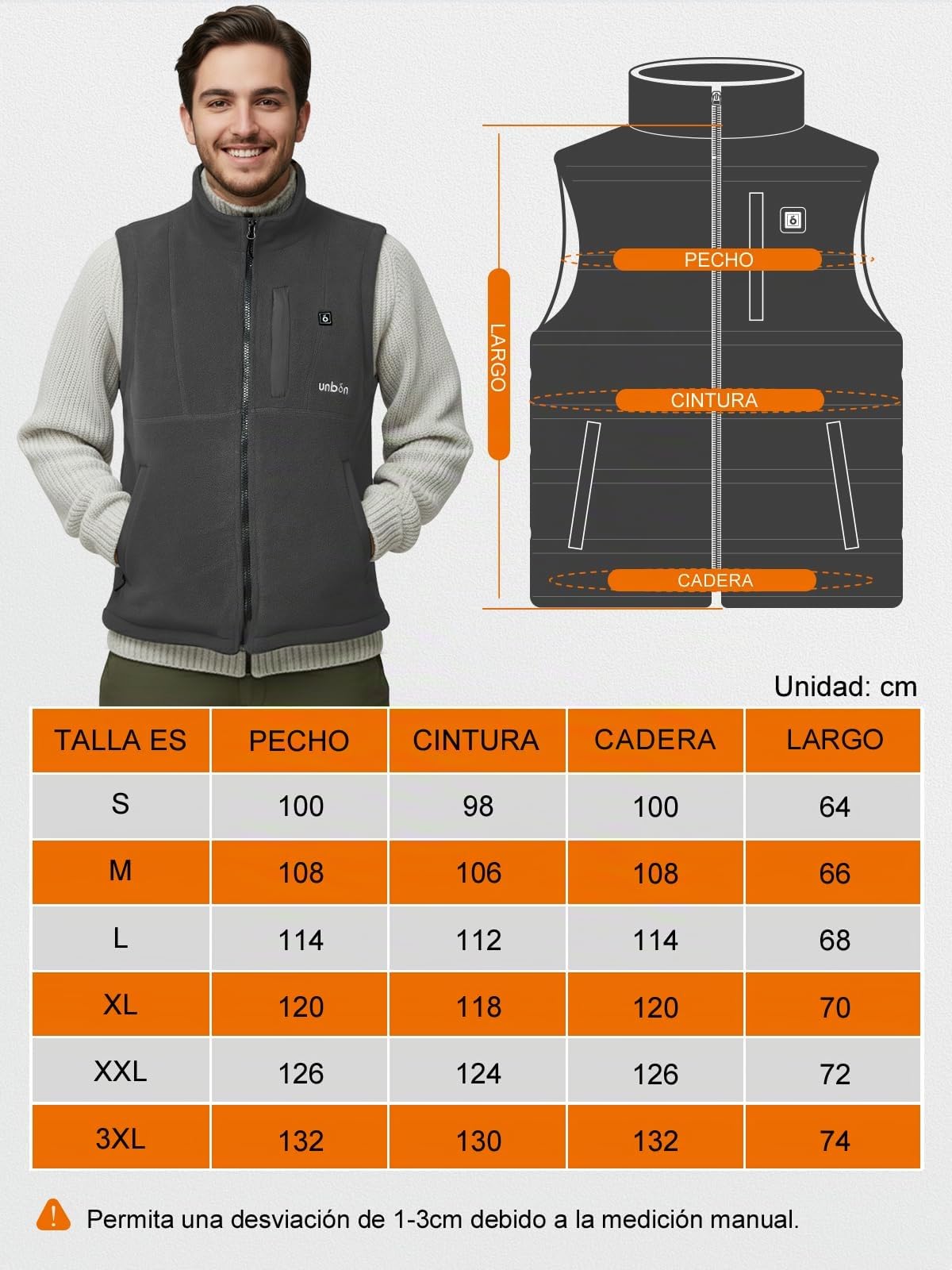UNBON Chaleco Calefactable Hombre con Batería USB 10000mAh, Chaleco Térmico Eléctrico Polar, Chalecos Calefactor Hombre con 3 Temperaturas 6 Zonas Calefactables para Moto Caza Trabajo, Gris, 3XL