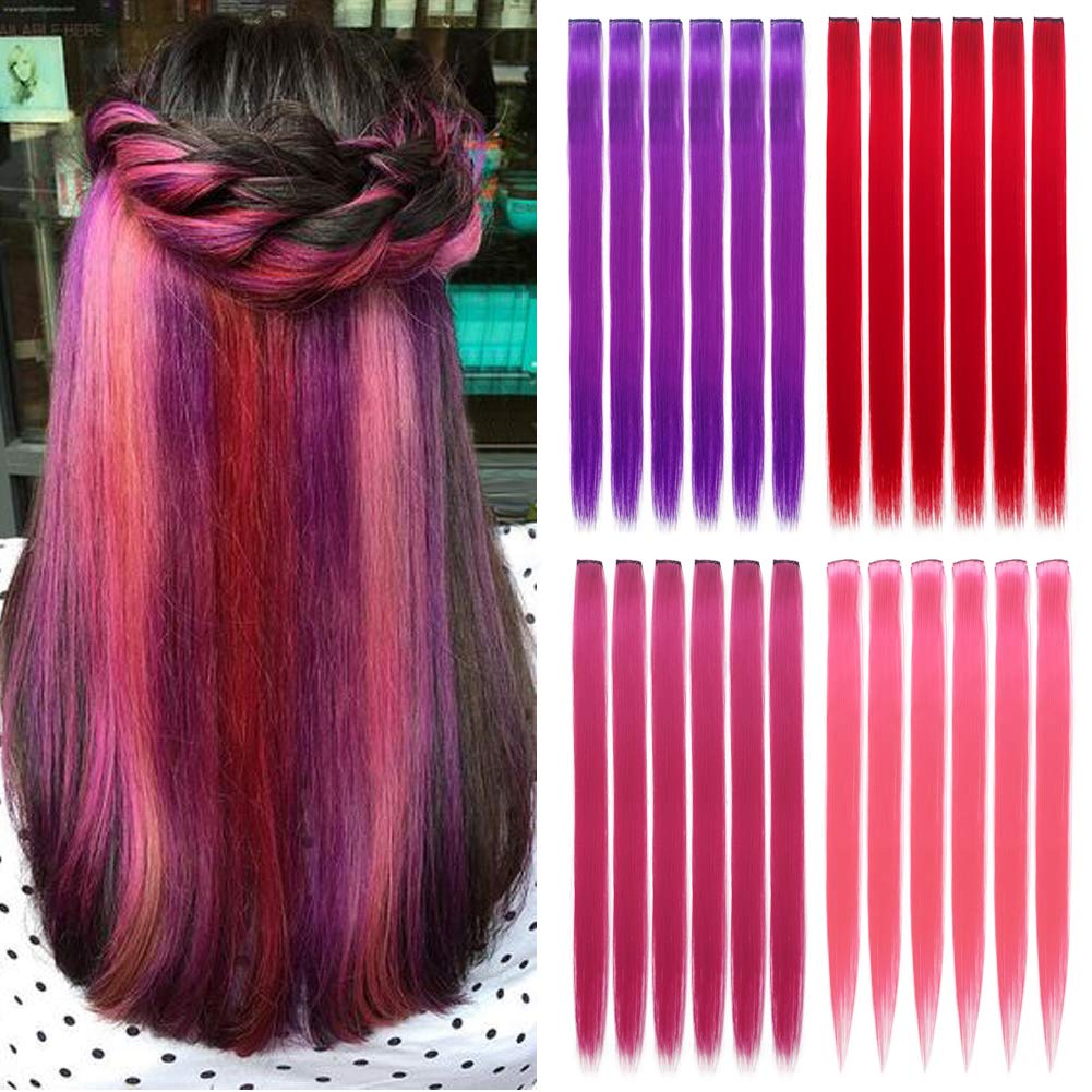 Amazon.com : 20” Straight Colourful hair Party Highlights Clip on in Hair  Extensions Colored Hair Streak 24 Pcs Colored Synthetic Hairpieces For  Woman(Red+Rose red+Pink+Purple) : Beauty & Personal Care