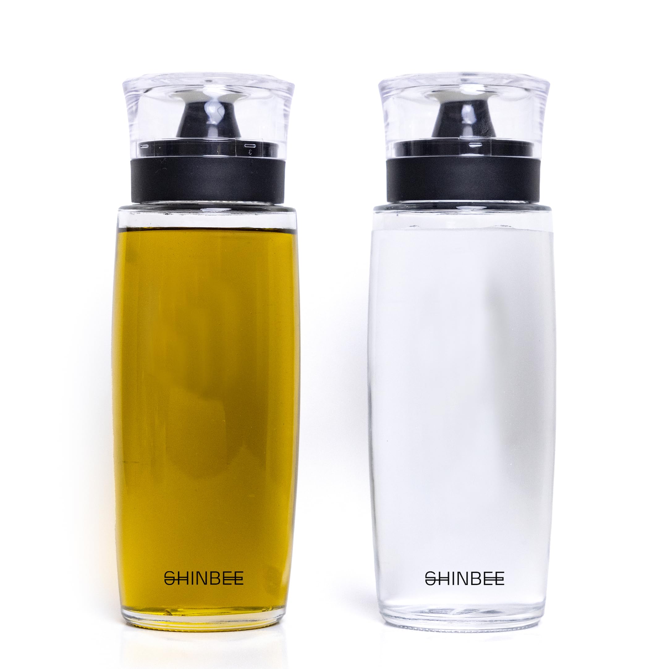 Shinbee Roen - Juego de 2 dispensadores de aceite de oliva y vinagre con calcomanías de etiquetado, botellas de vidrio de 300 ml para aceites de cocina, vinagre, jarabe y condimentos, botella