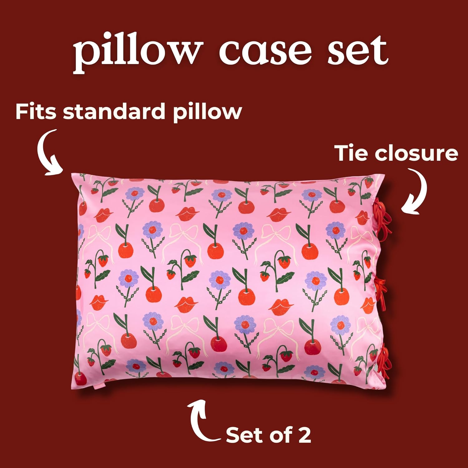 ban.do 26" x 20" Double Sided Satin Pillow Case Set of 2, Envelope Style Tuck Closure and Bow Tie Closure, Cherry Lips