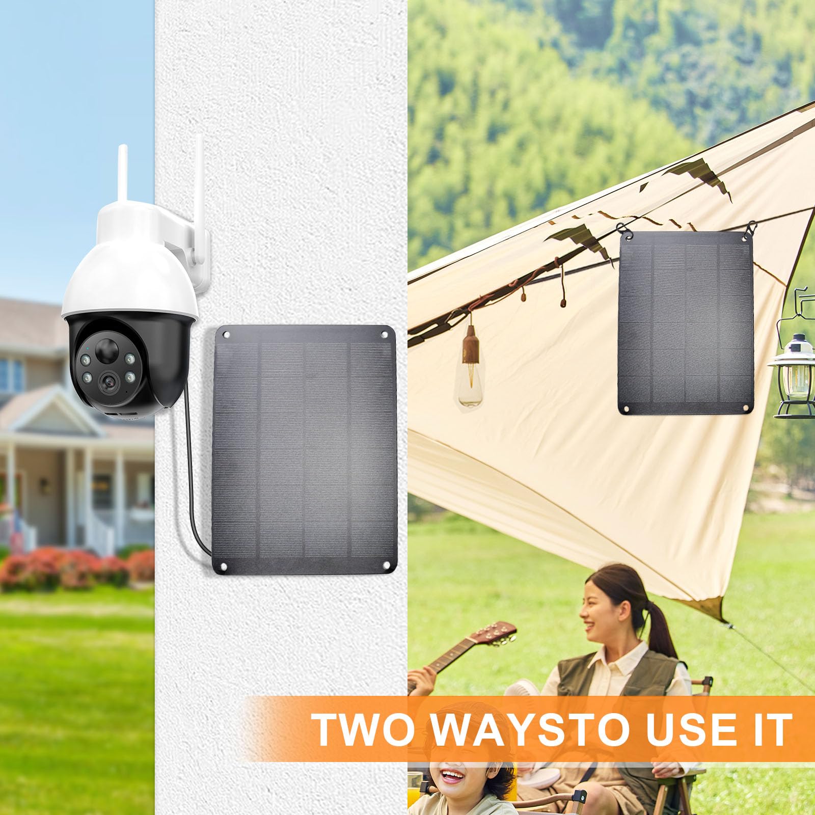 Panel solar de 5 V 6 W (paquete de 2), monocristalino impermeable con cable macho CC, cargador solar USB de 5 V y cable hembra a hembra para cámaras de seguridad al aire libre, ventilador pequeño,