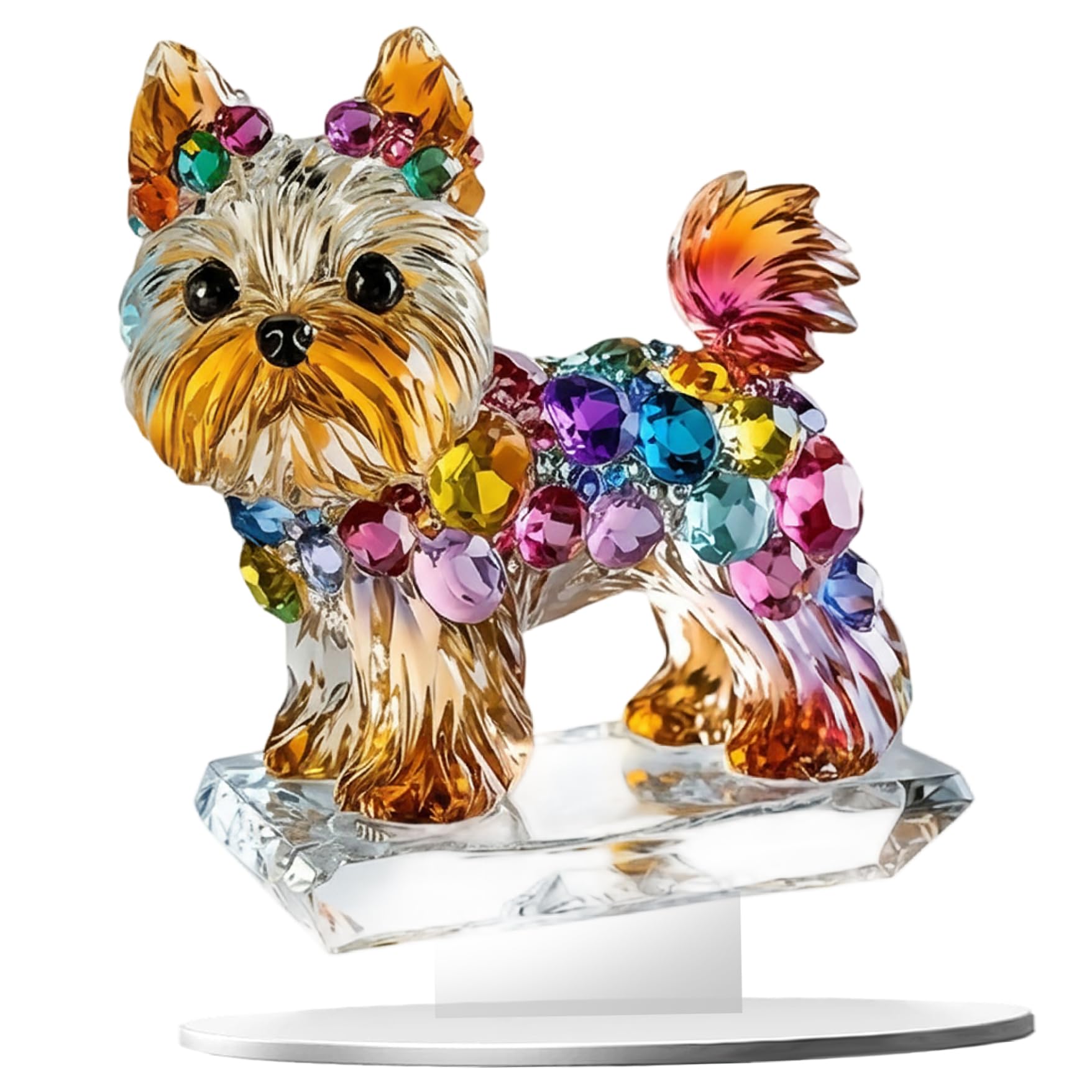Perodlly Crystal Dog Figurine - Adorable Yorkie Statue with Colorful Gemstones, Acrylic Desk Ornament for Home Office Decor, Favor for Dog Lovers.
