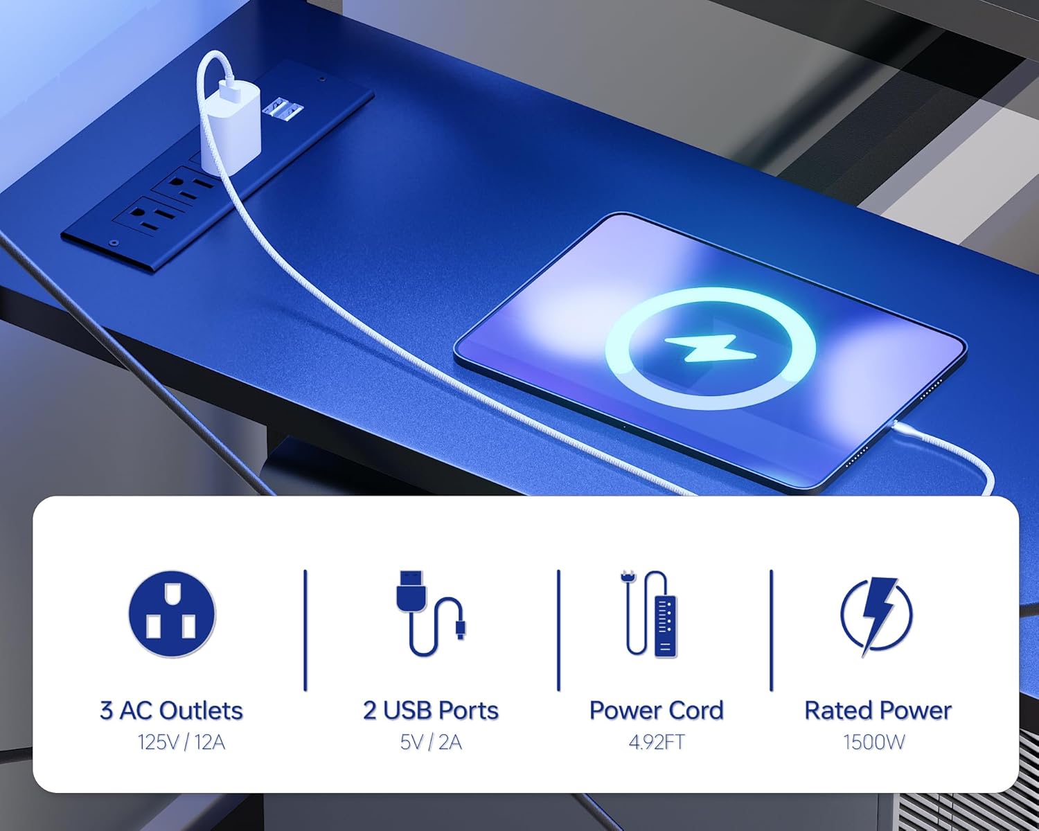 Close-up of the built-in power outlet unit with AC and USB ports