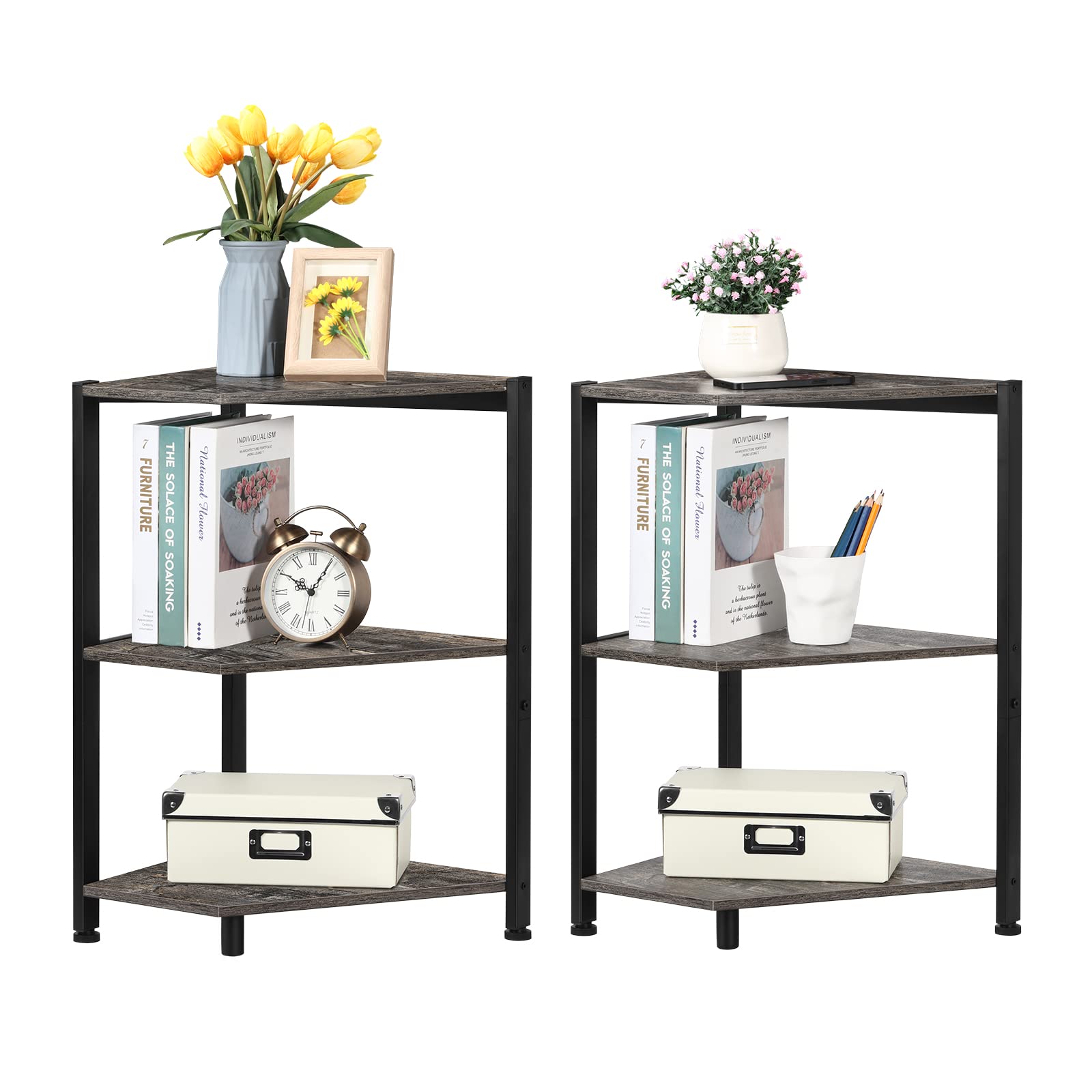 Shinoske 3-Tier Industrial Corner Shelf Multipurpose Storage Cabinet Organizer Rack Stand, Wood Storage Stand with Metal Frame,Plant Stand for Living Room, Home Office, Kitchen, Small Space, Grey 2PCS