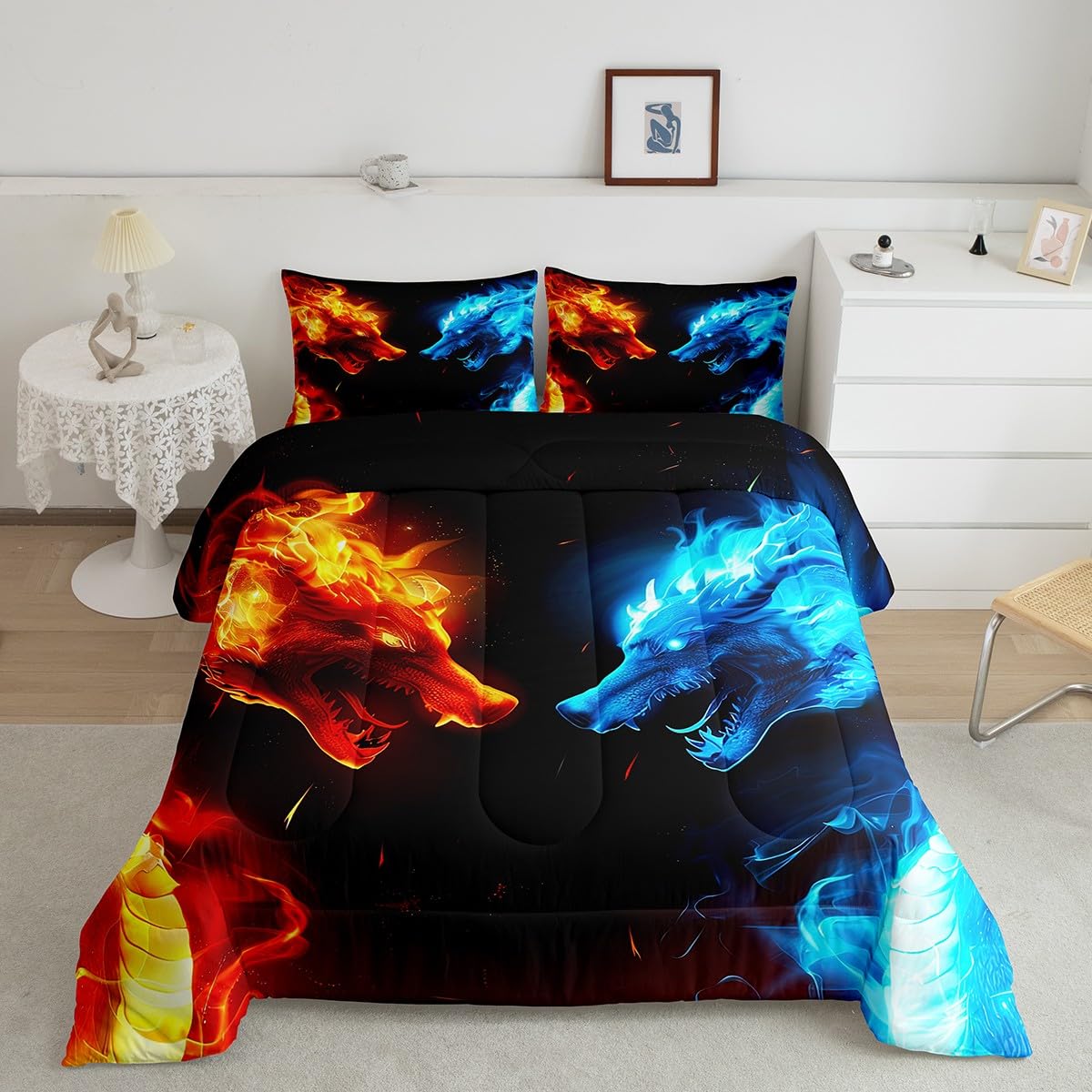 Erosebridal Dragon Comforter Set Ice Fire Dragon Bedding Set Twin Size for Kids Boys Teens Adult Bedroom Decor, Wildlife Pattern Quilted Duvet Blue